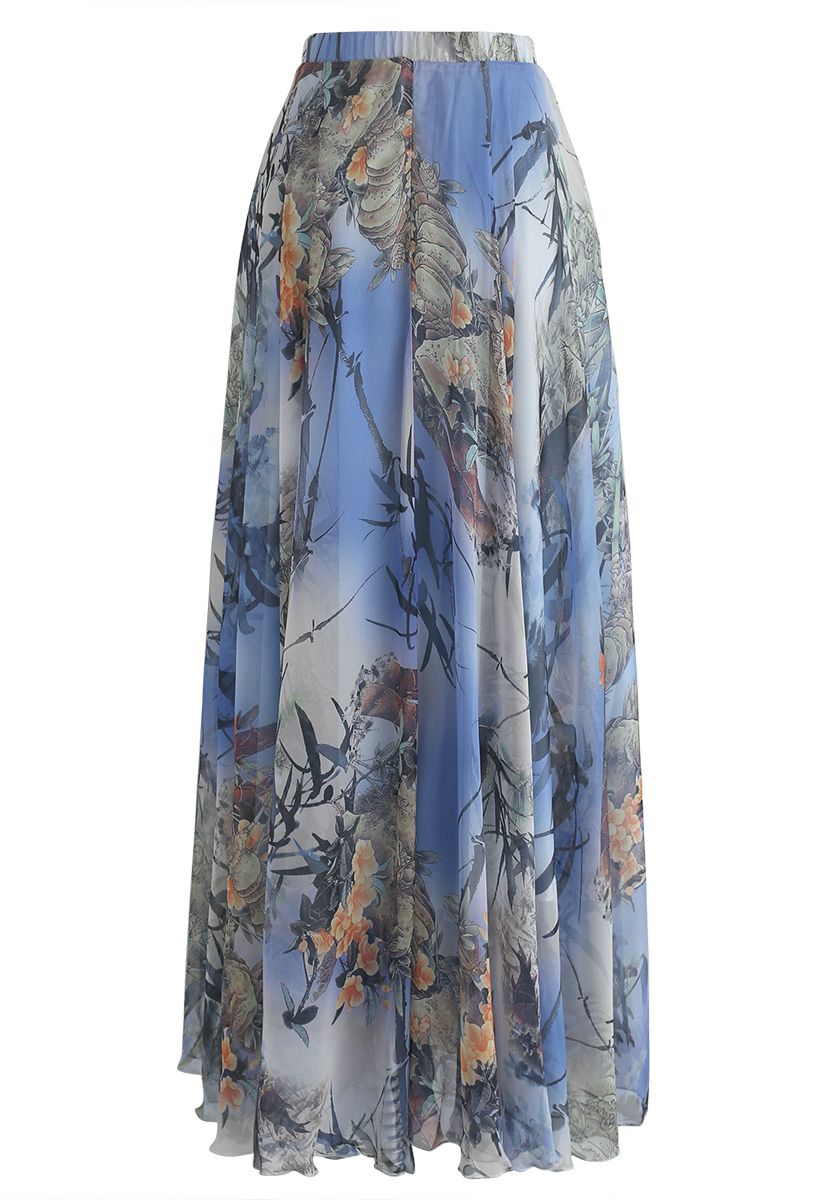 Bamboo Watercolor Maxi Skirt in Blue