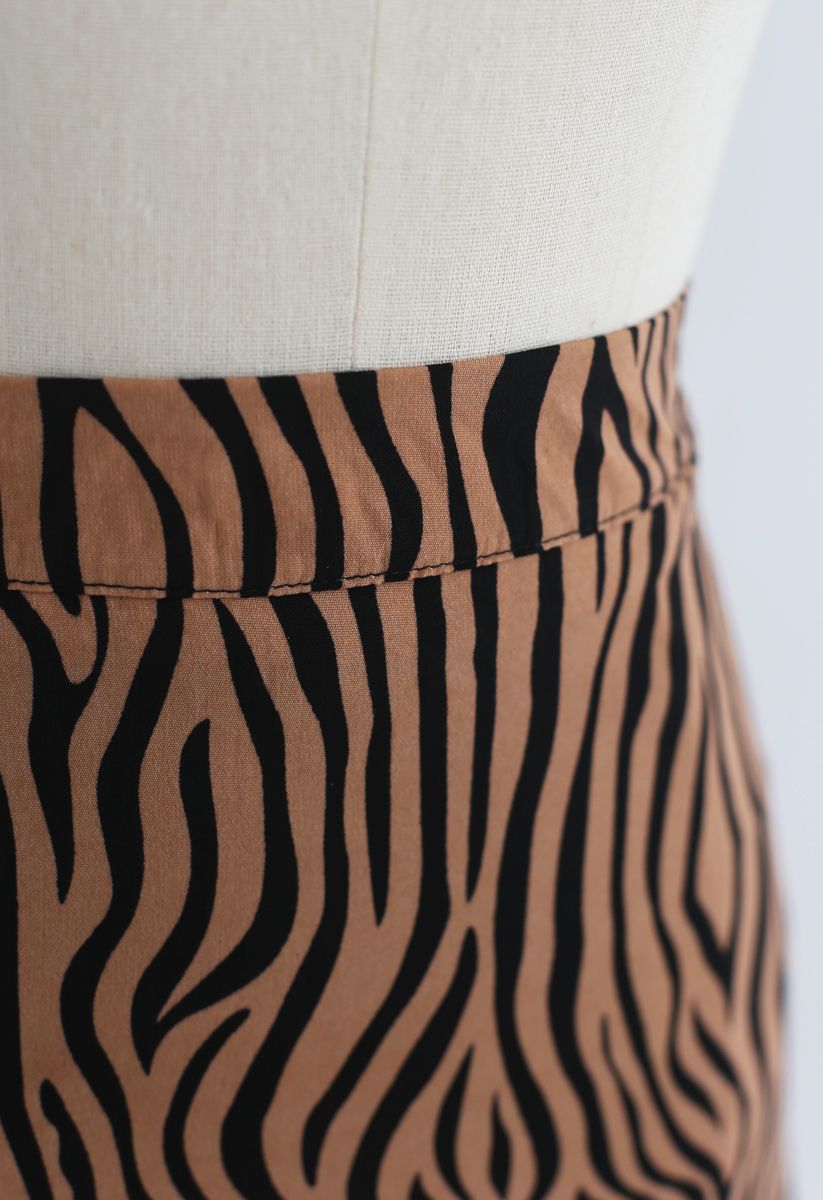 Wildlife Zebra Printed A-Line Midi Skirt in Caramel