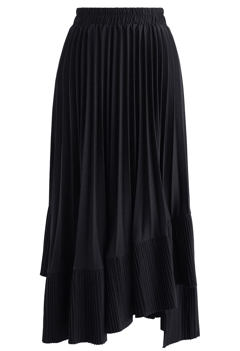 Here with You Asymmetric Pleated Skirt in Black - Retro, Indie and ...