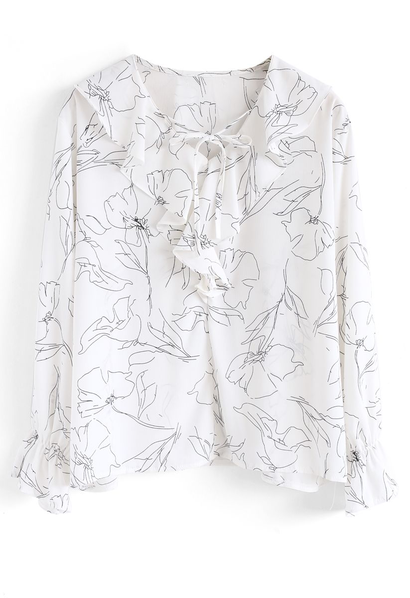 Abstract Floral Ruffle Chiffon Top in White