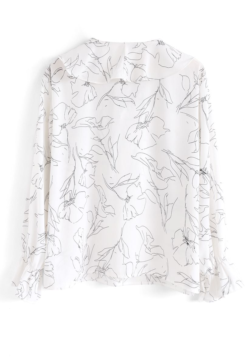 Abstract Floral Ruffle Chiffon Top in White