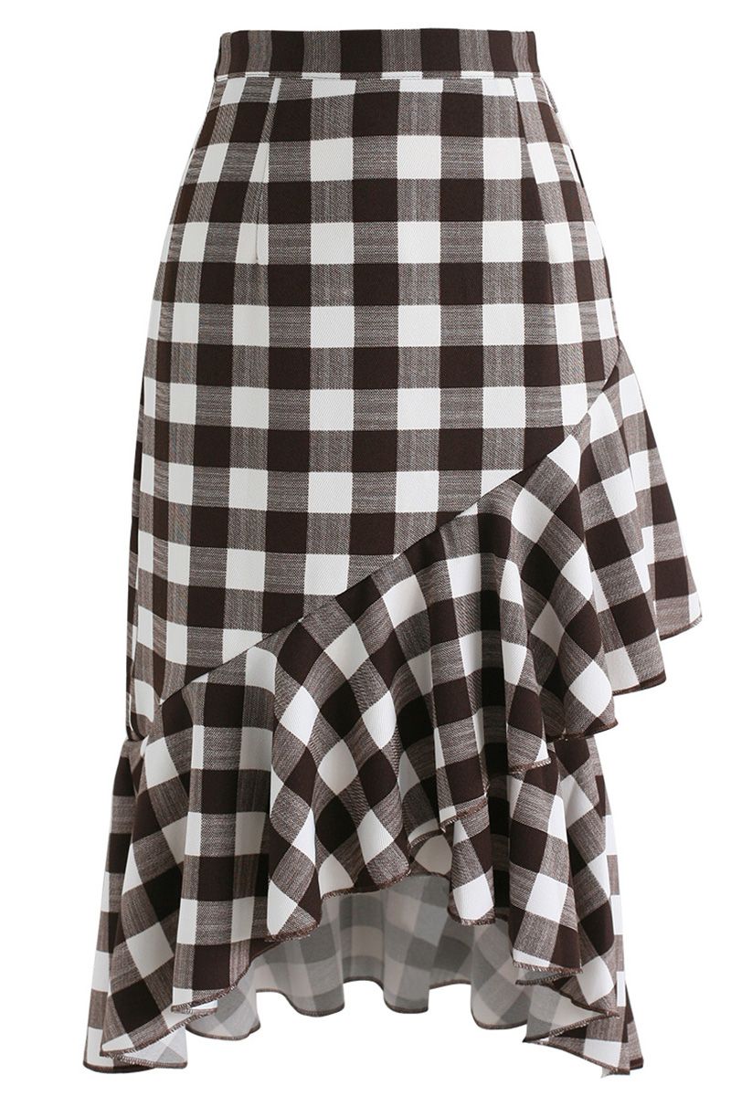 Get Pretty in Check Frilling Skirt in Brown - Retro, Indie and Unique ...