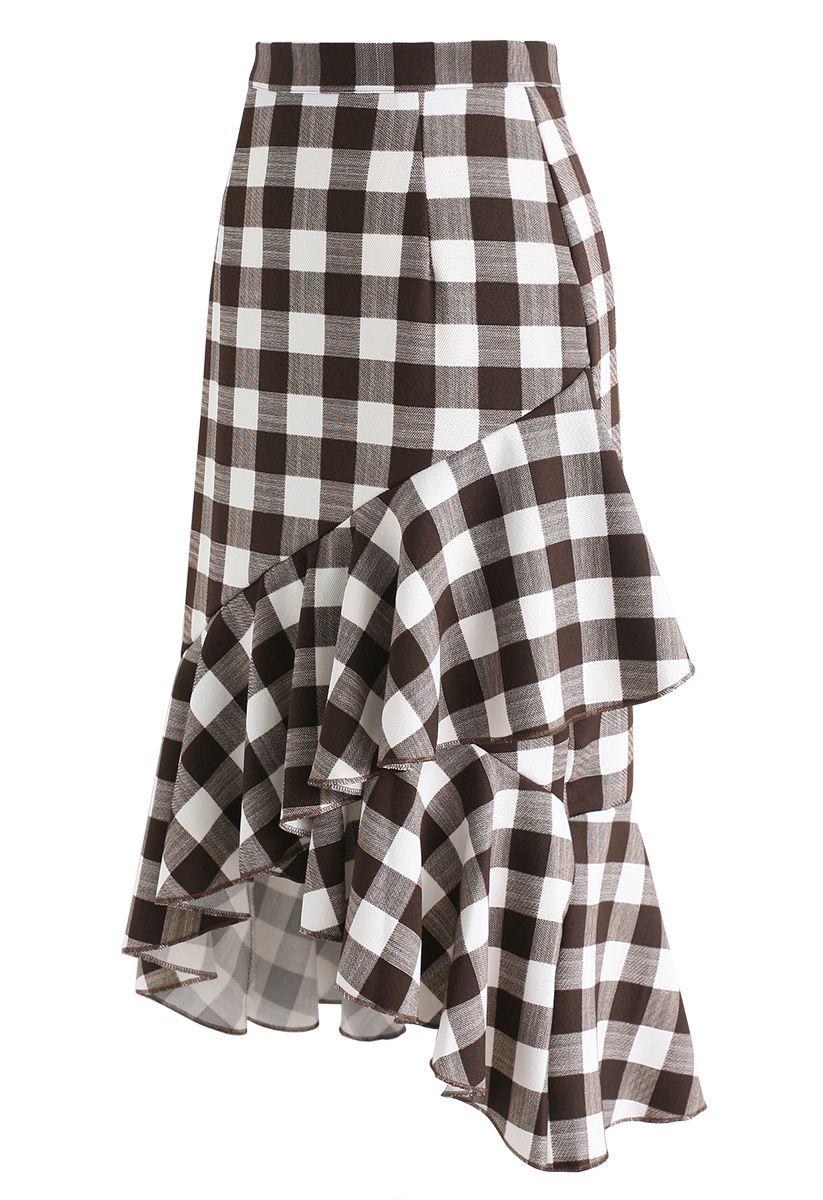 Get Pretty in Check Frilling Skirt in Brown - Retro, Indie and Unique ...