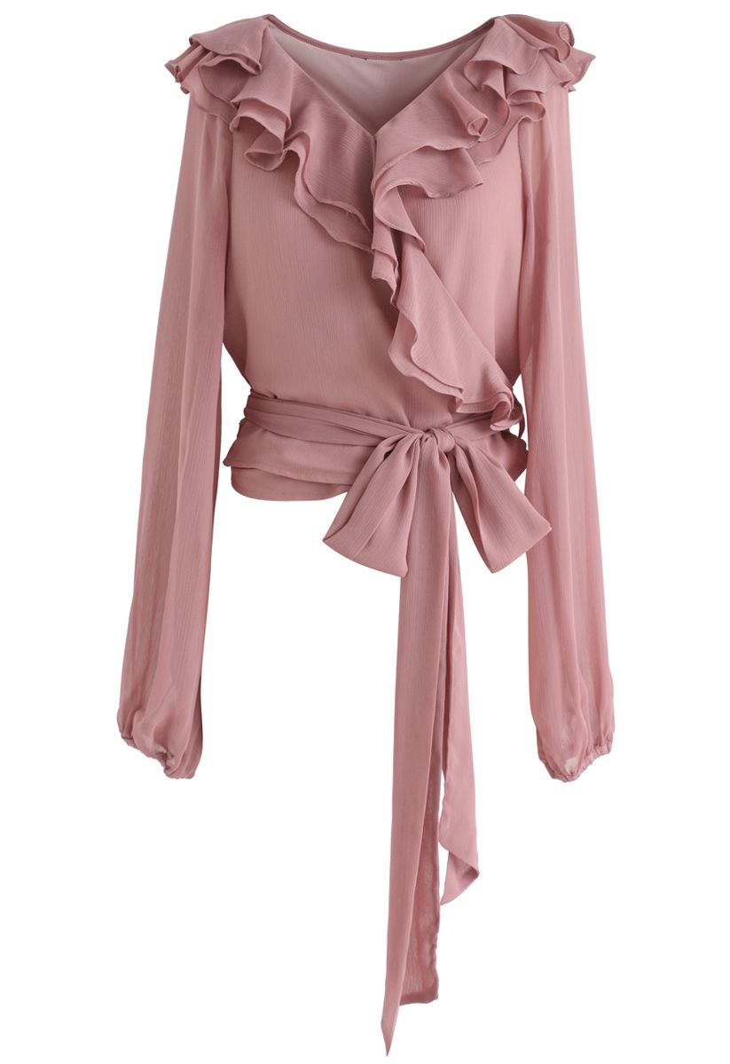 Flirty Pink Ruffle Crop Wrap Top - Retro, Indie and Unique Fashion