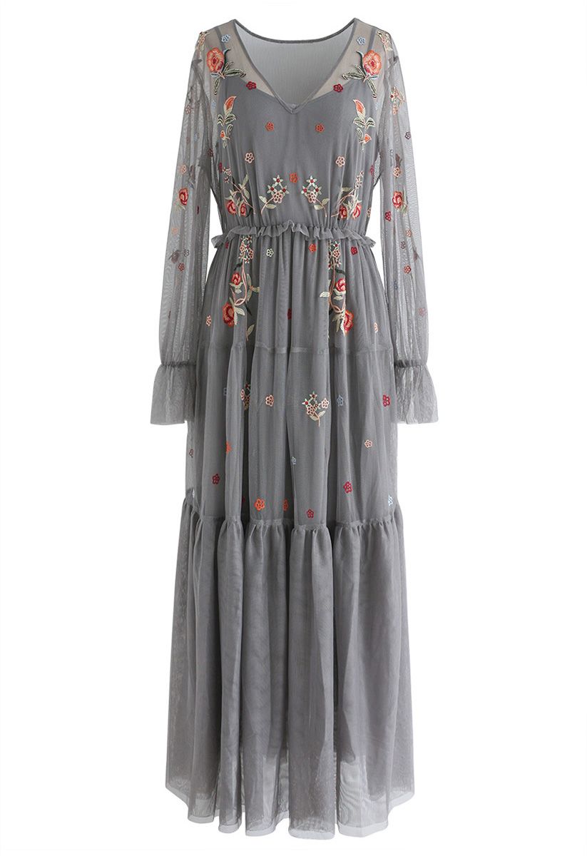 Garden Stunner Embroidered Mesh Maxi Dress in Grey - Retro, Indie and ...
