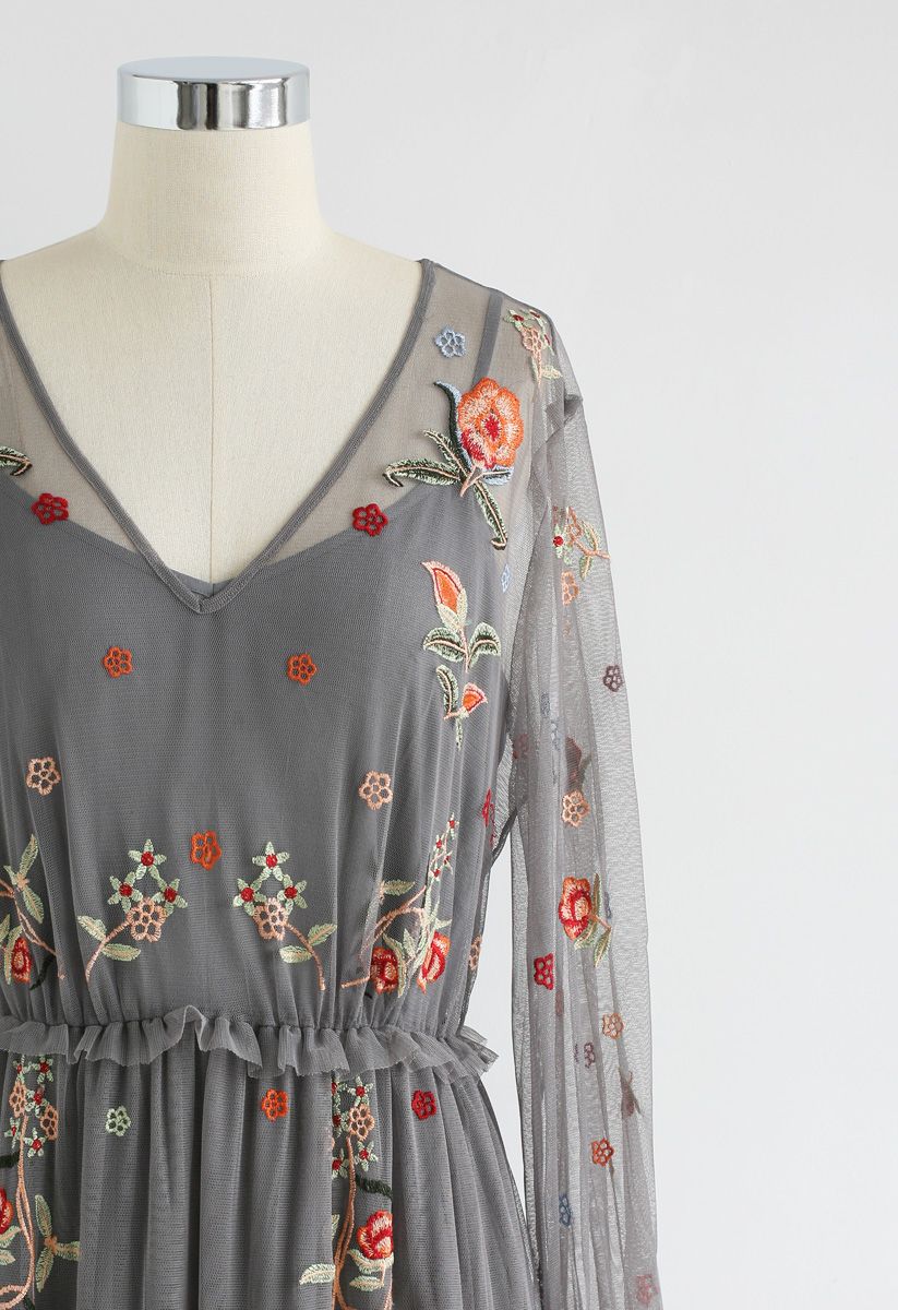 Garden Stunner Embroidered Mesh Maxi Dress in Grey 