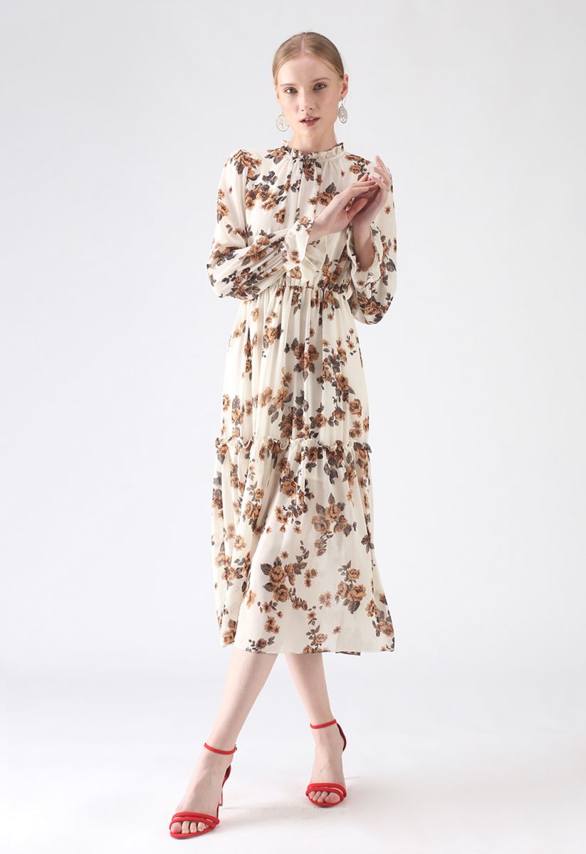 Roll with It Floral Chiffon Dress in Cream - Retro, Indie and Unique ...