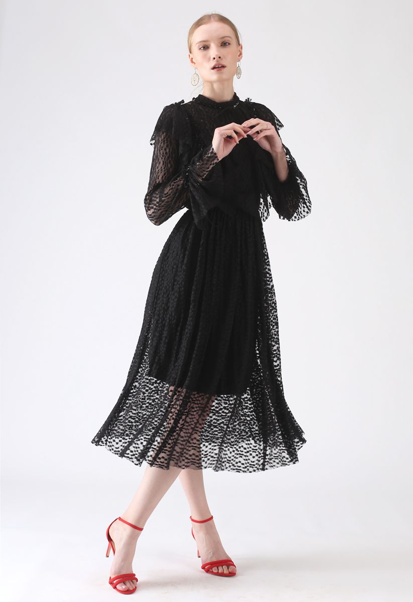 For the Good Times Dots Ruffle Lace Dress in Black