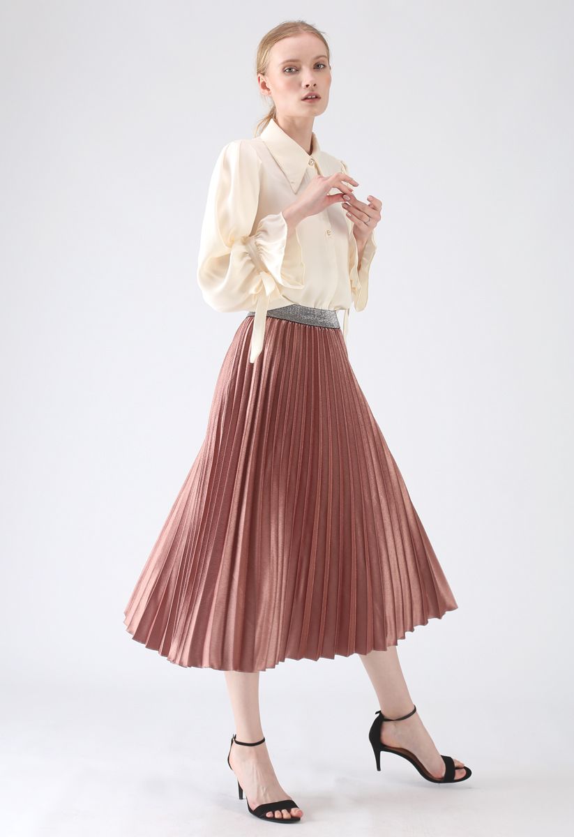 Gimme The Spotlight Pleated Midi Skirt in Caramel