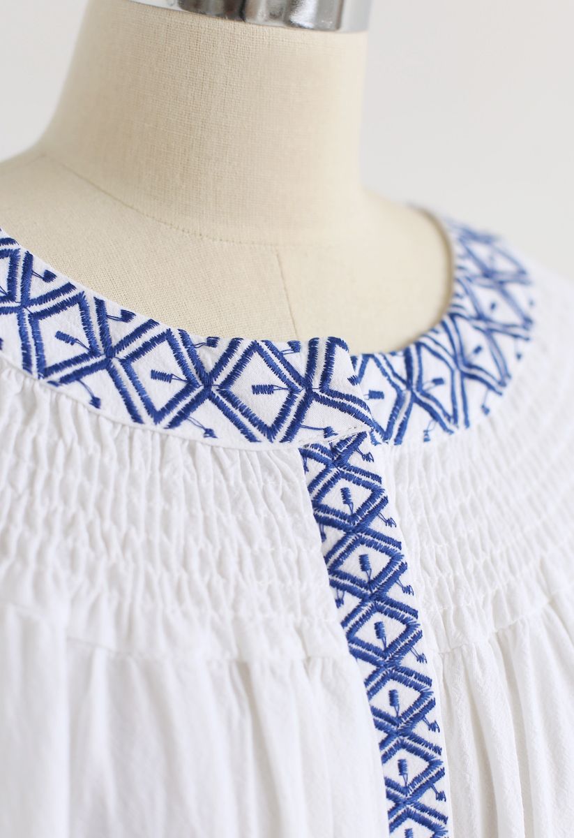 Santorini Blue Embroidered Belted Dress