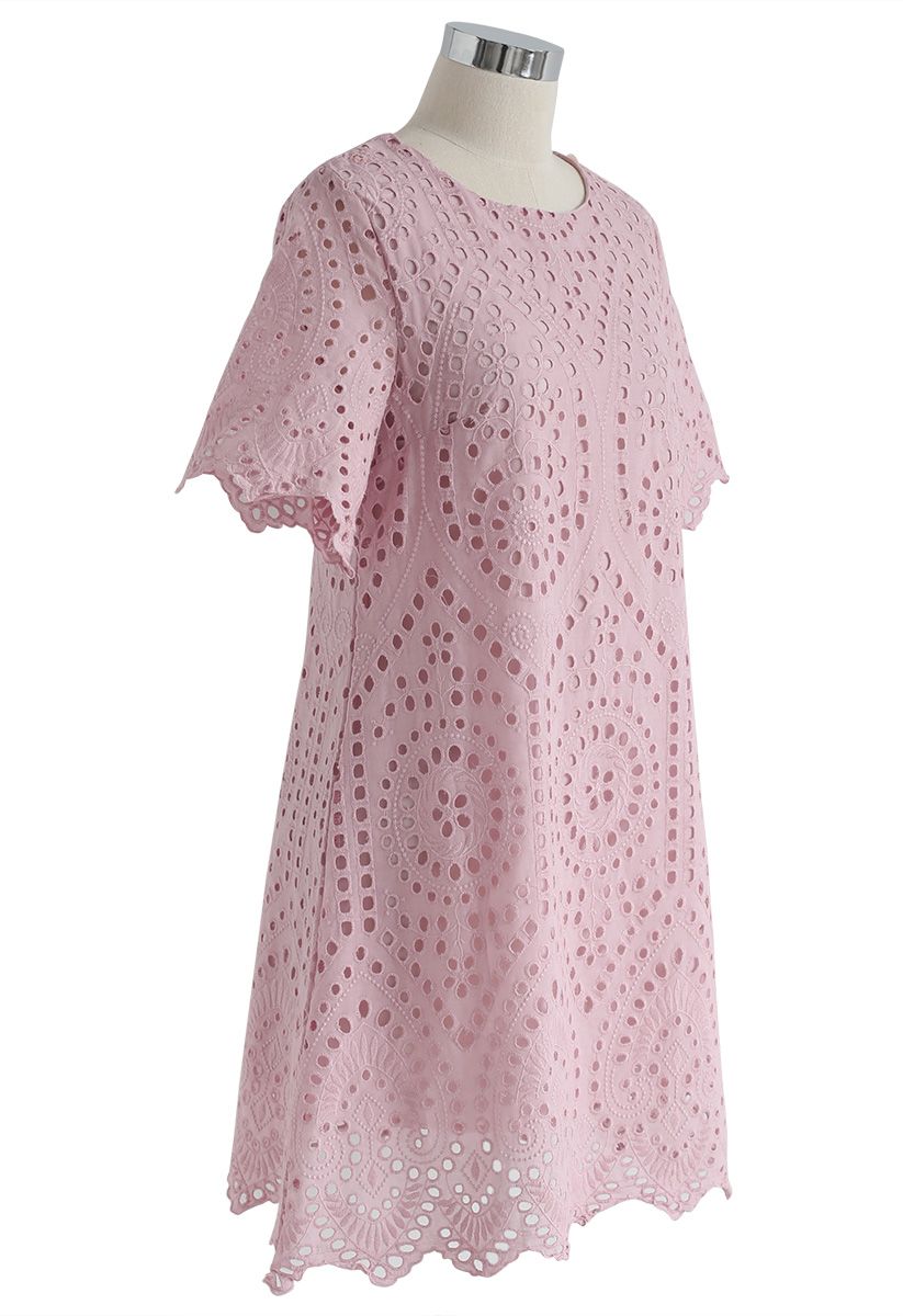 Slow Down Embroidered Eyelet Shift Dress in Pink - Retro, Indie and ...