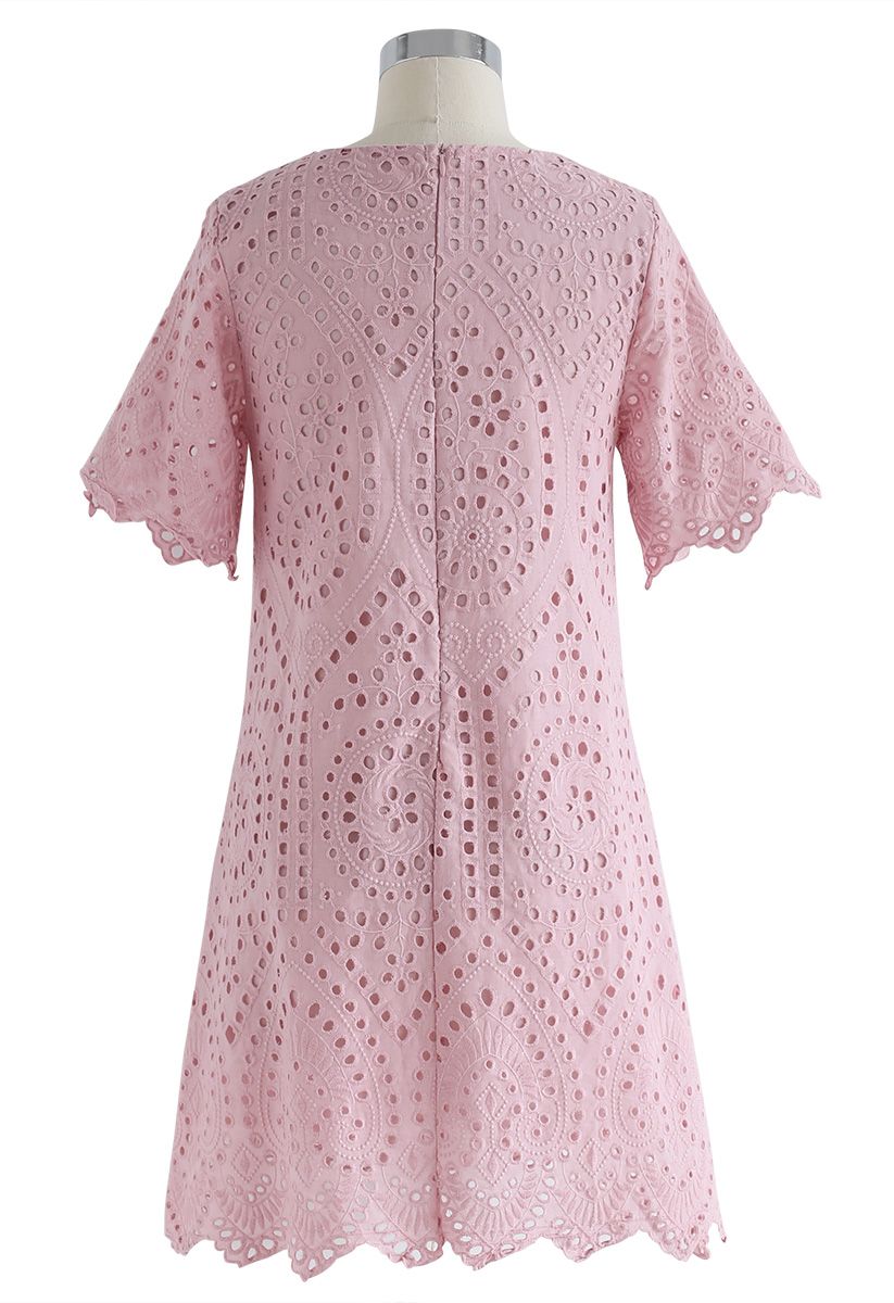 Slow Down Embroidered Eyelet Shift Dress in Pink - Retro, Indie and ...