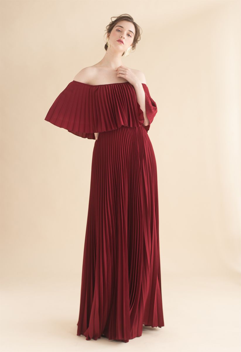 Dancing Till Dawn Off-Shoulder Pleated Maxi Dress in Wine