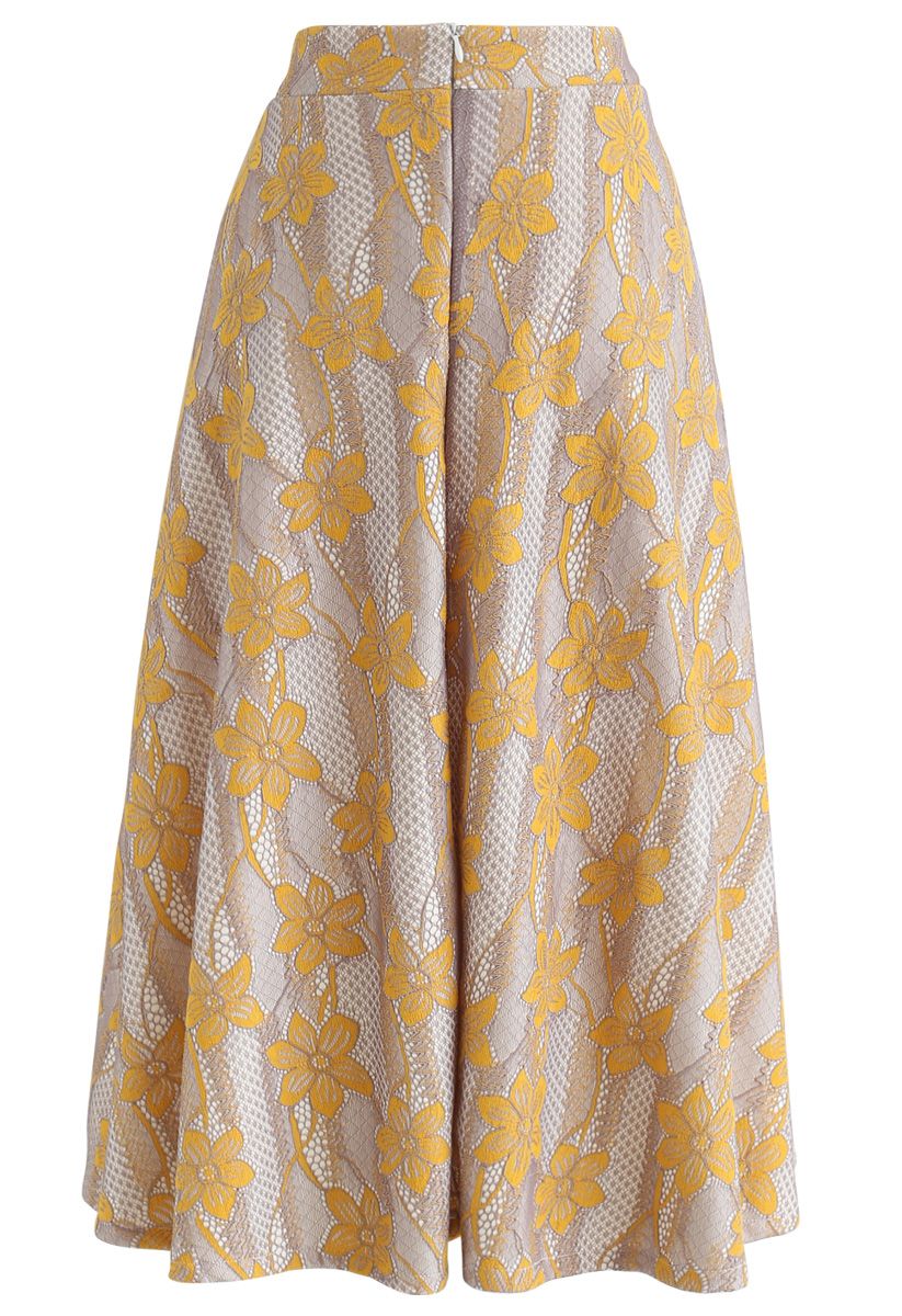 Bauhinia Flowers A-Line Midi Skirt in Yellow