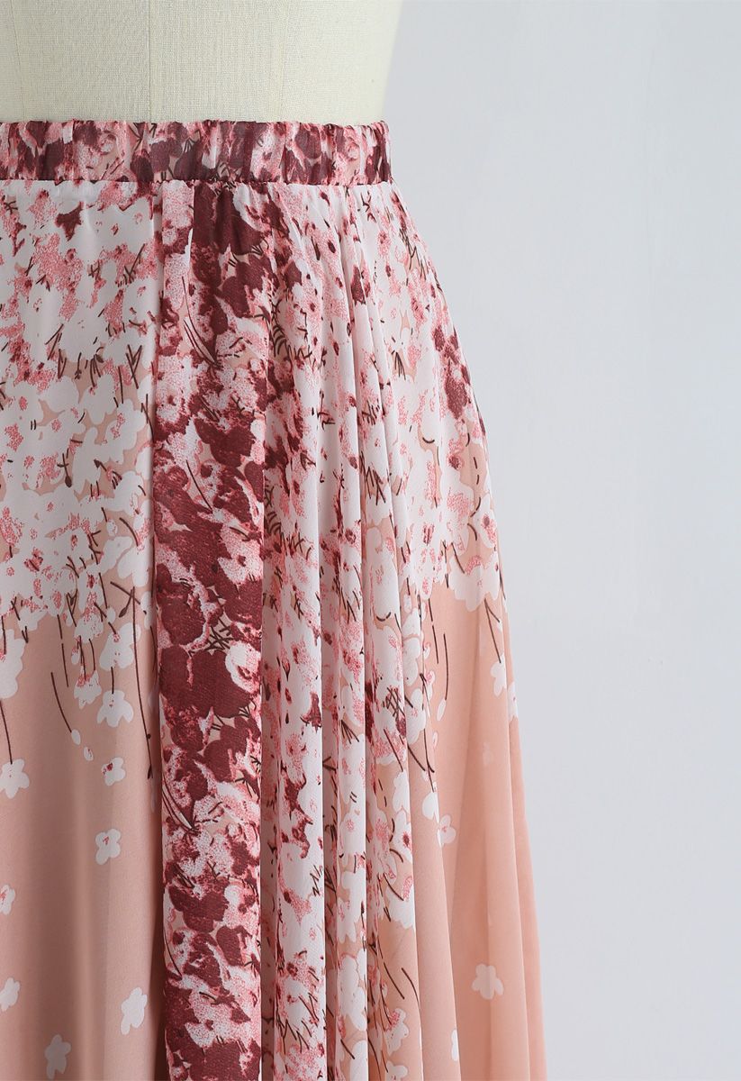 Cherry Blossom Watercolor Chiffon Maxi Skirt