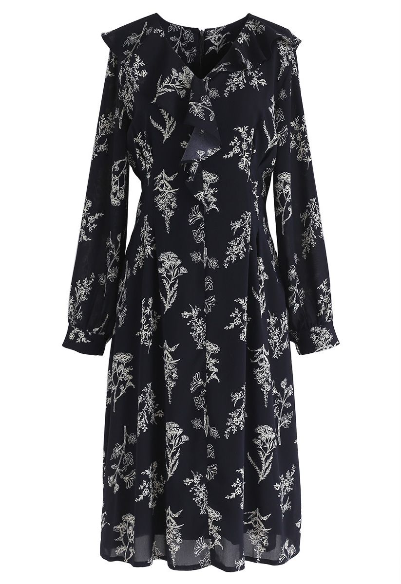 Plants Aplenty Printed Chiffon Dress in Navy - Retro, Indie and Unique ...