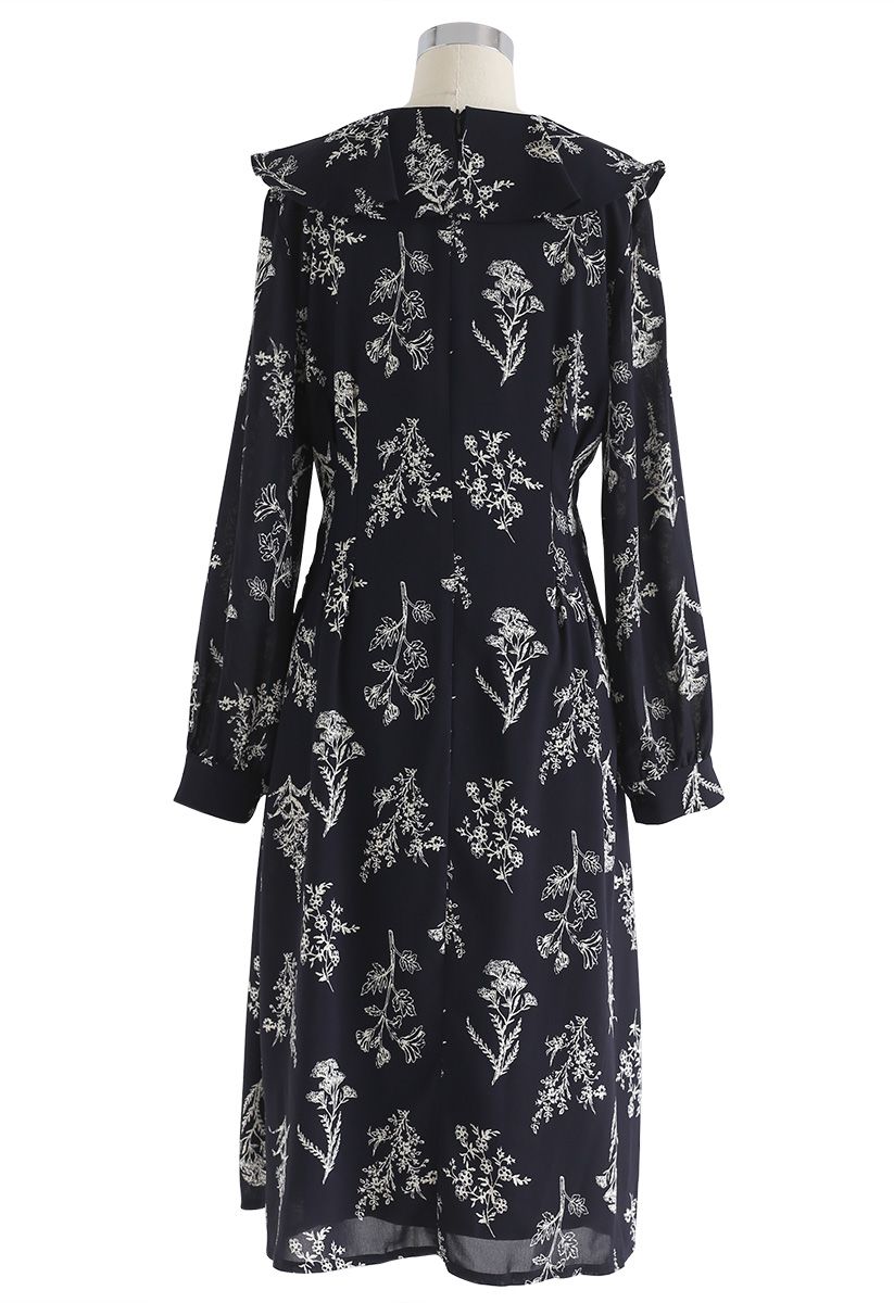 Plants Aplenty Printed Chiffon Dress in Navy - Retro, Indie and Unique ...