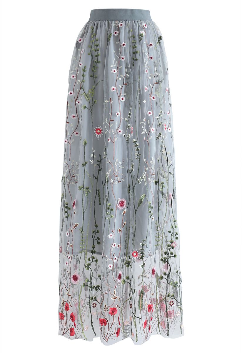 Lost in Flowering Fields Mesh Maxi Skirt in Grey