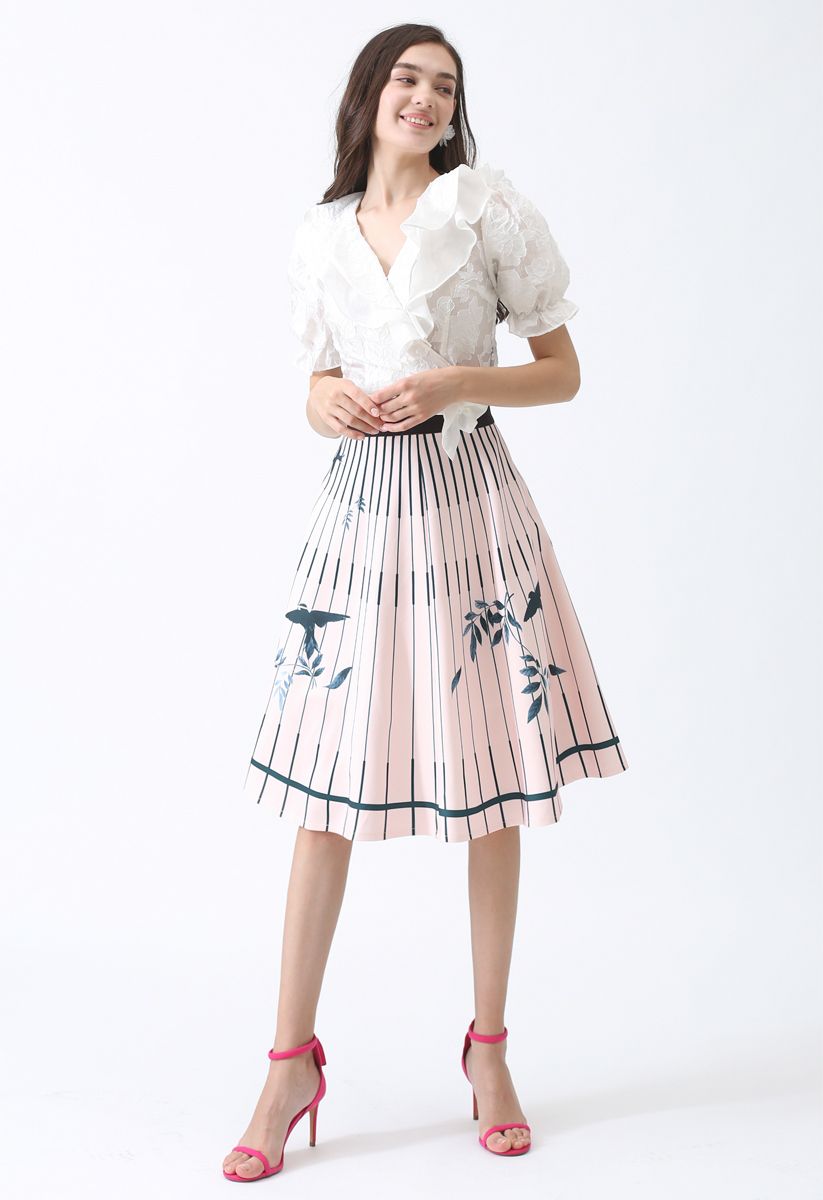 Birds Print Stripes A-Line Midi Skirt - Retro, Indie and Unique Fashion