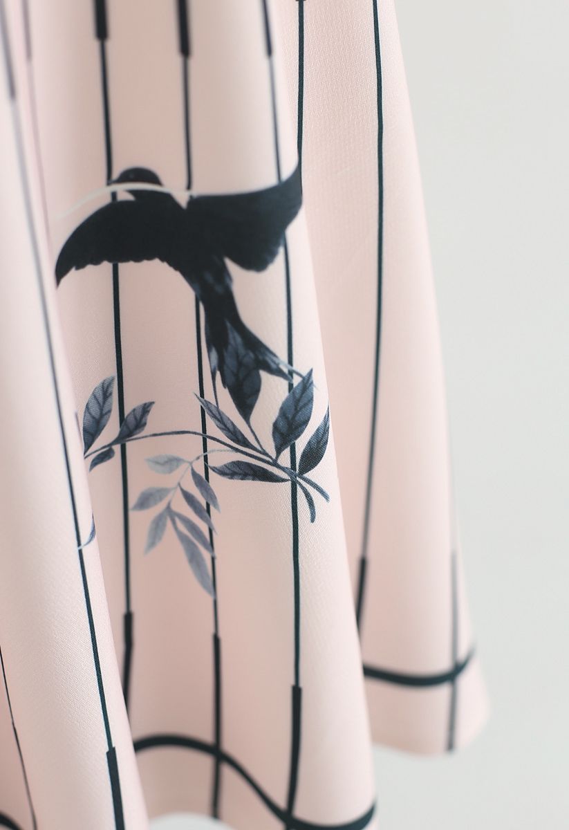 Birds Print Stripes A-Line Midi Skirt