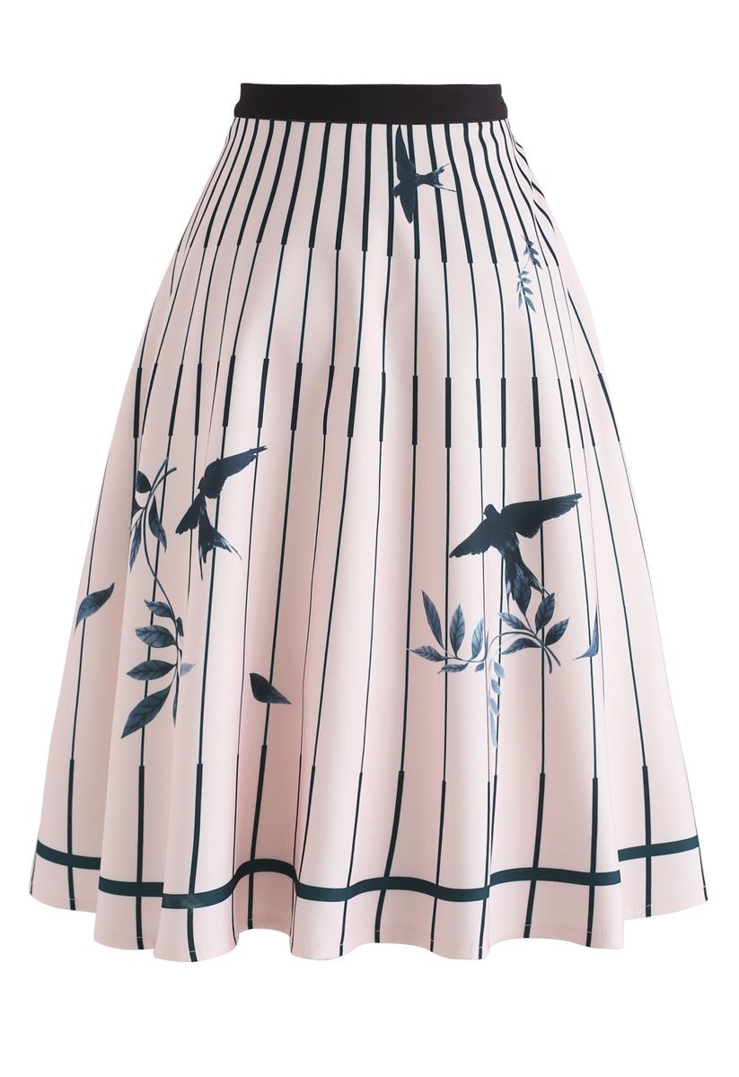Birds Print Stripes A-Line Midi Skirt