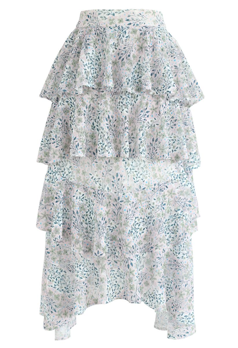 Sweet Afternoon Floral Tiered Ruffle Lace Skirt 