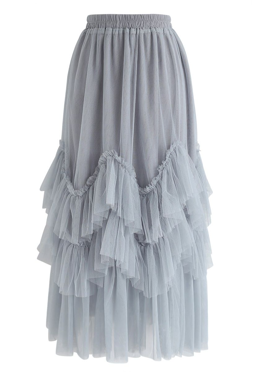 Romantic Twirl Tiered Tulle Midi Skirt in Dusty Blue