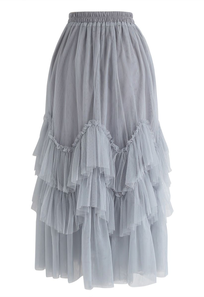Romantic Twirl Tiered Tulle Midi Skirt in Dusty Blue