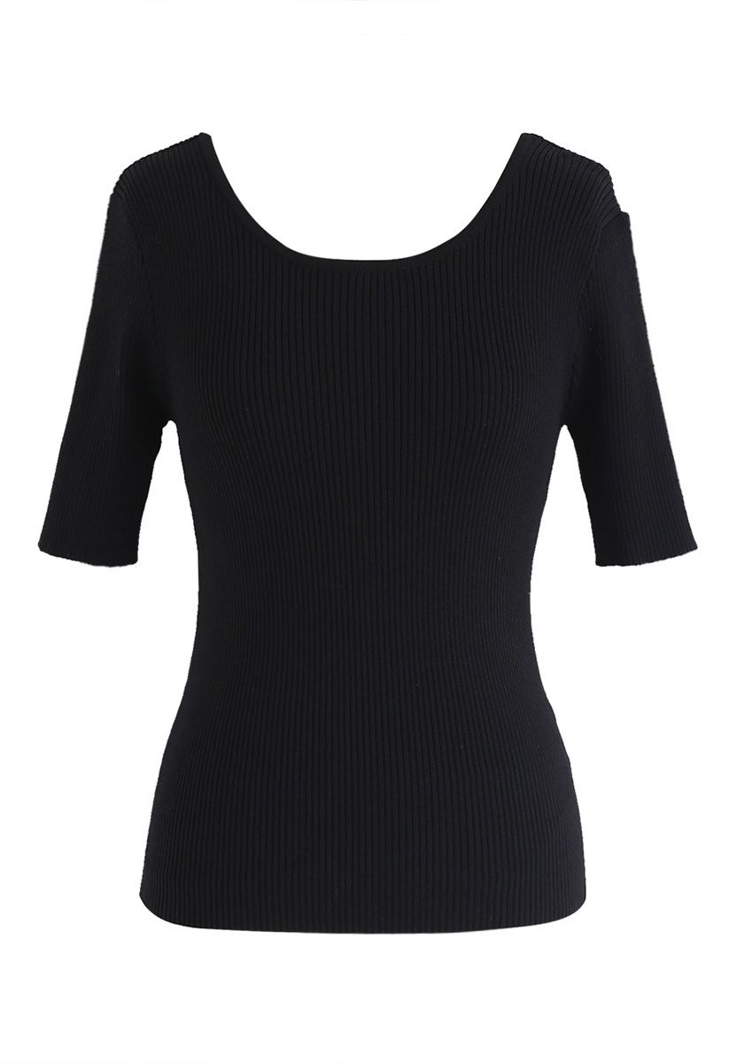Just for Bowknot Cutout Knit Top in Black - Retro, Indie and Unique Fashion