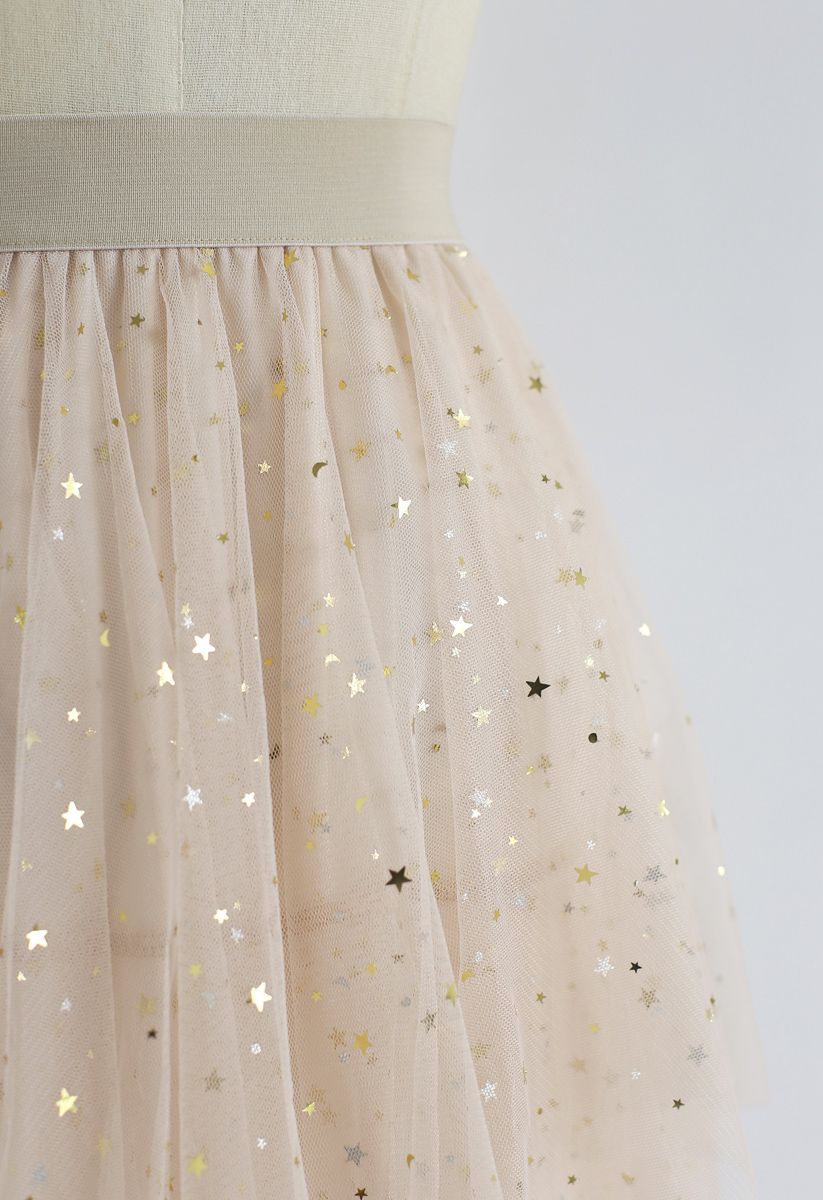 Shooting Stars Asymmetric Tiered Mesh Skirt in Cream