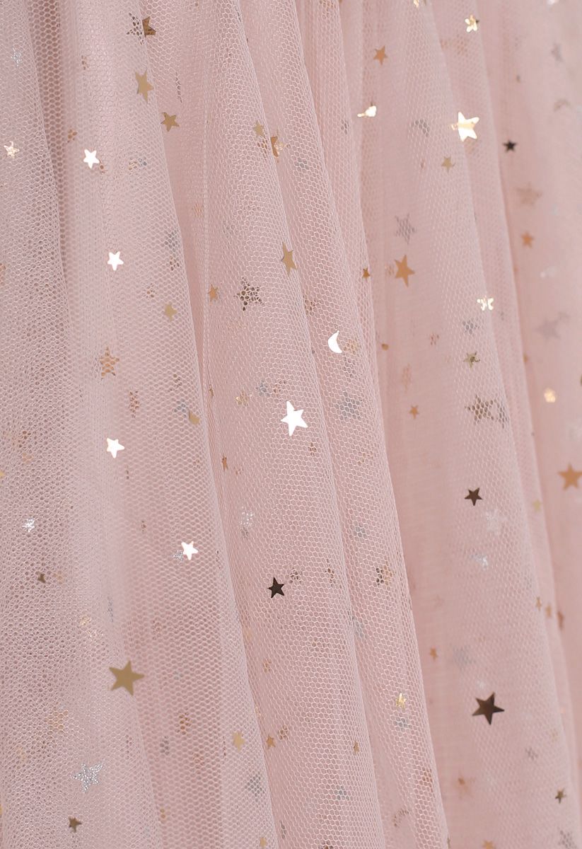Shooting Stars Asymmetric Tiered Mesh Skirt in Pink