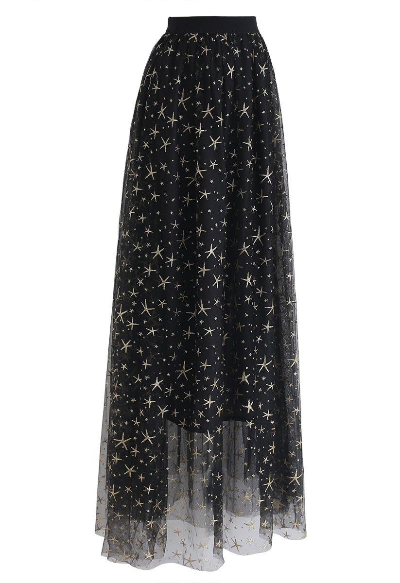 Star Mermaid Tulle Maxi Skirt in Black