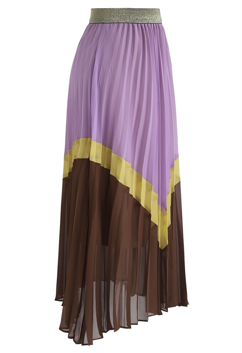 Contrasted Color Pleated Chiffon Midi Skirt in Violet