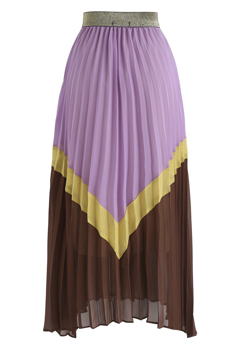 Contrasted Color Pleated Chiffon Midi Skirt in Violet