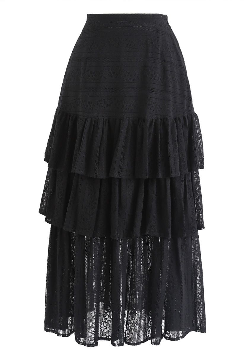 Up All Night Tiered Lace Midi Skirt in Black