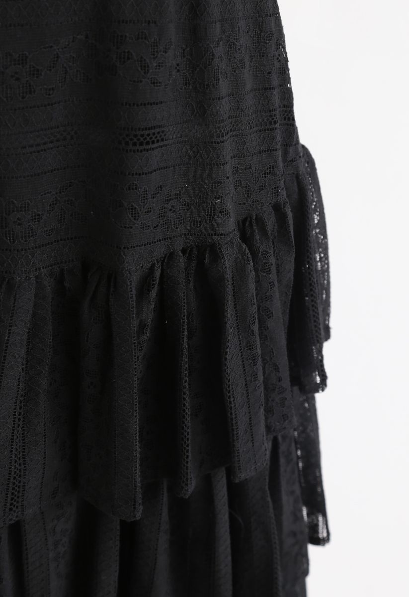 Up All Night Tiered Lace Midi Skirt in Black