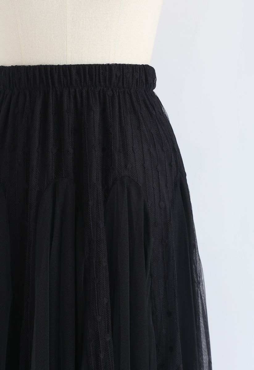 Dotted Love Flare Tulle Midi Skirt in Black