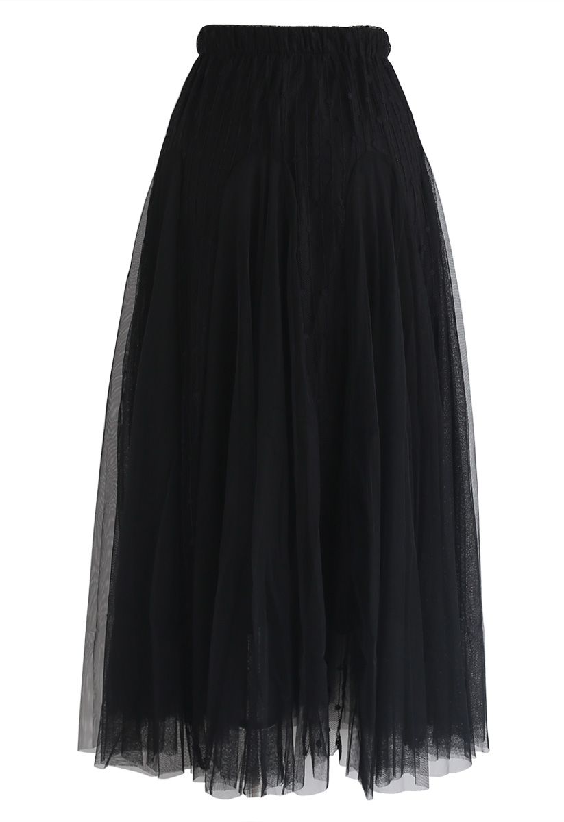 Dotted Love Flare Tulle Midi Skirt in Black