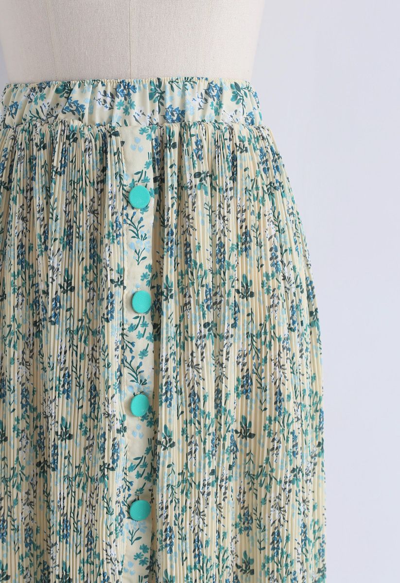 Spring Leaf Print Pleated Midi Skirt in Green