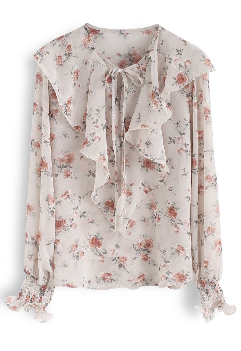 Sweetest Rose Chiffon Top in Light Tan - Retro, Indie and Unique Fashion