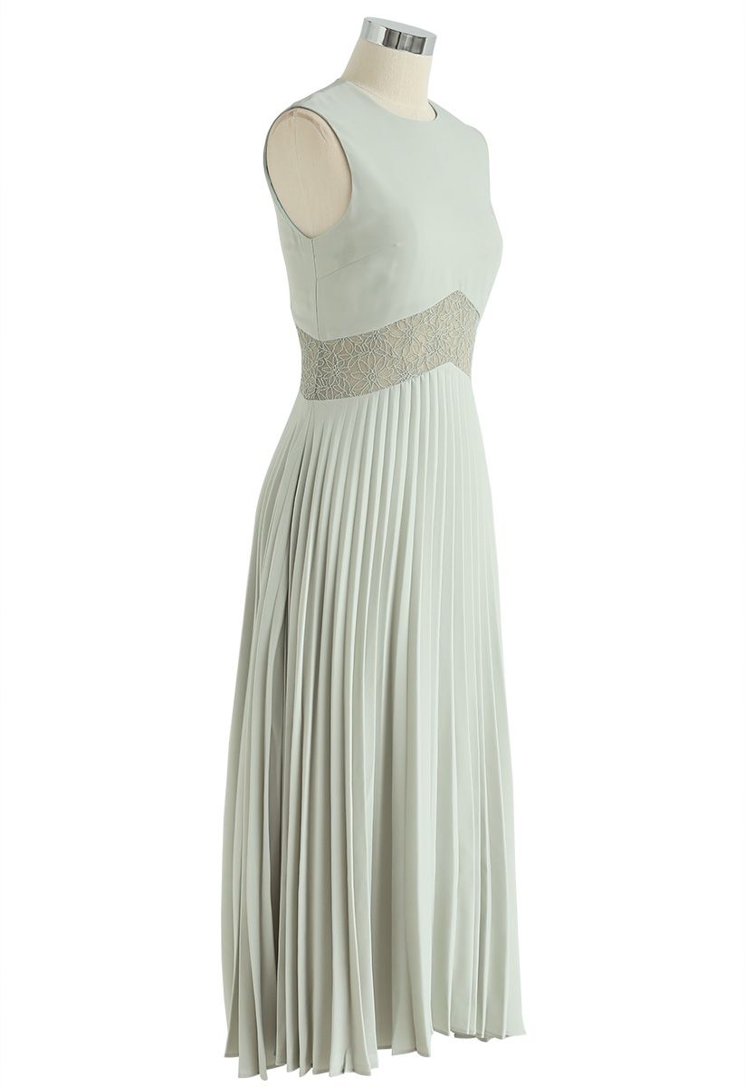 Walk of Fame Lace Inserted Pleated Dress in Pea Green