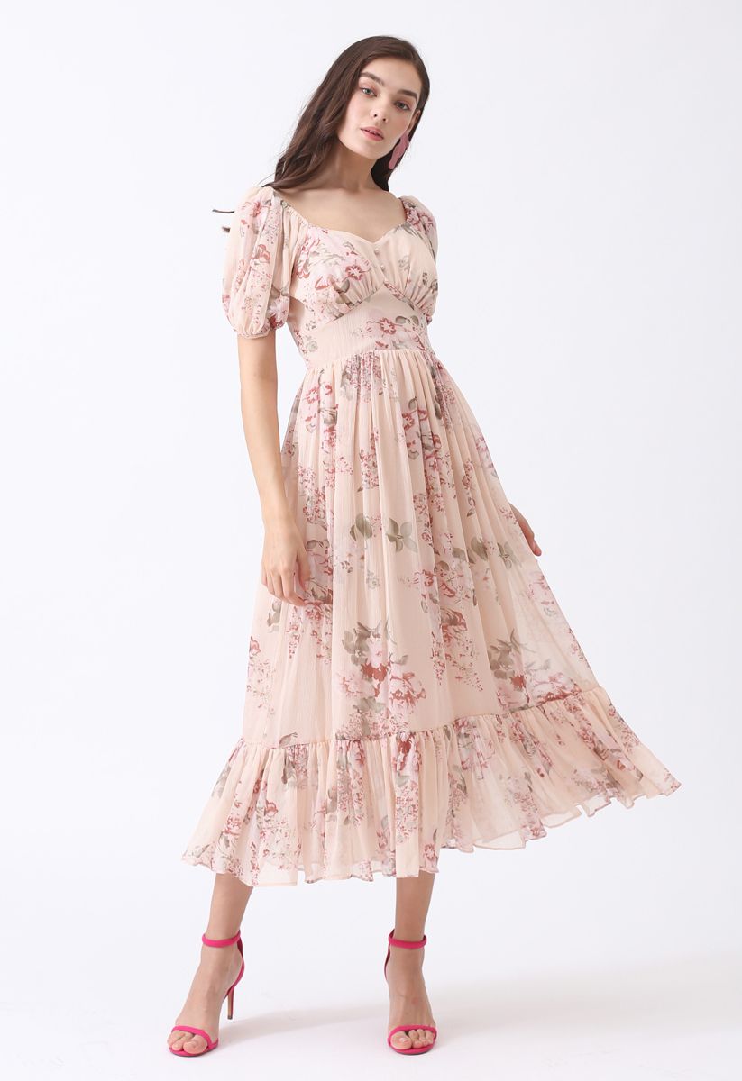 Enchanting Peony Chiffon Maxi Dress 