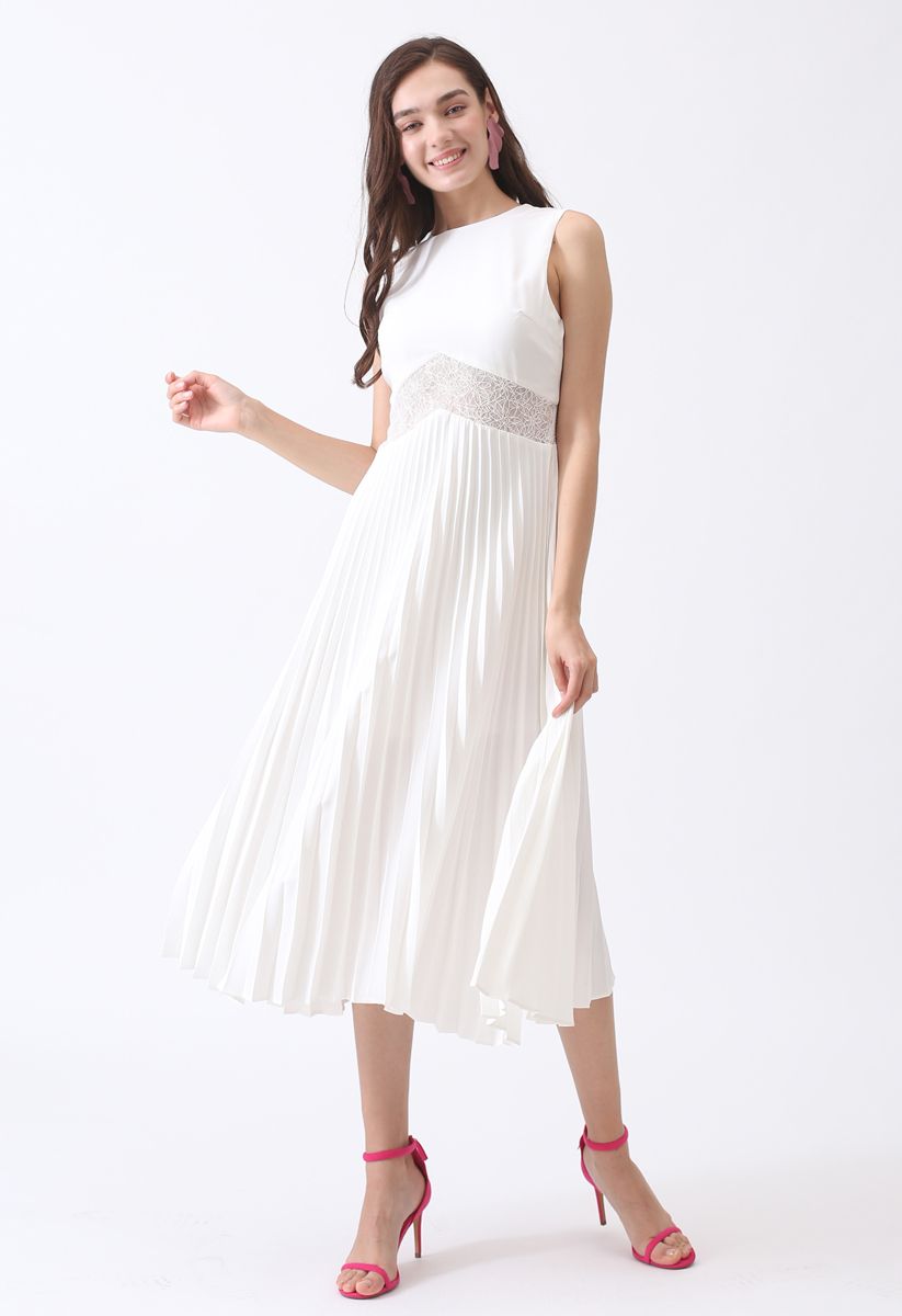 Walk of Fame Lace Inserted Pleated Dress in White