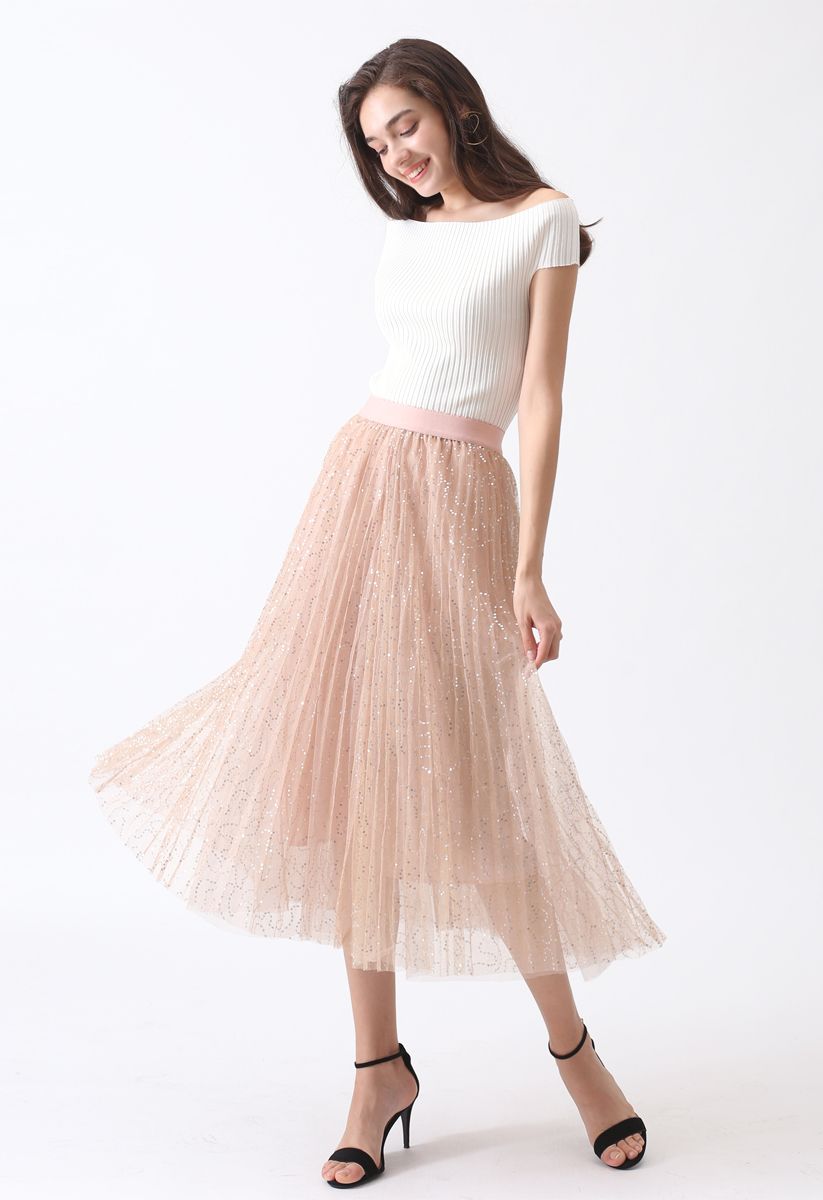 Under the Spotlight Sequins Pleated Midi Skirt in Apricot