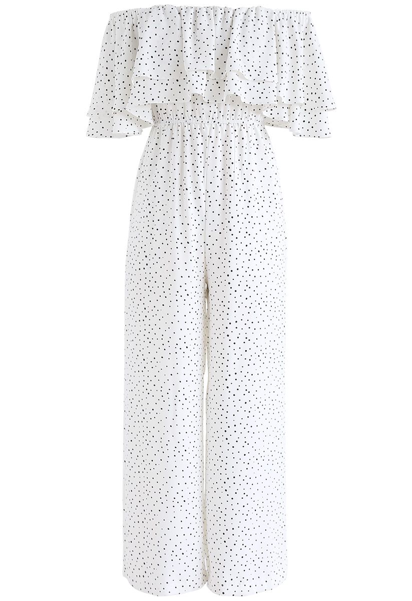 Ever Since Polka Dots Off-Shoulder Jumpsuit in White - Retro, Indie and ...