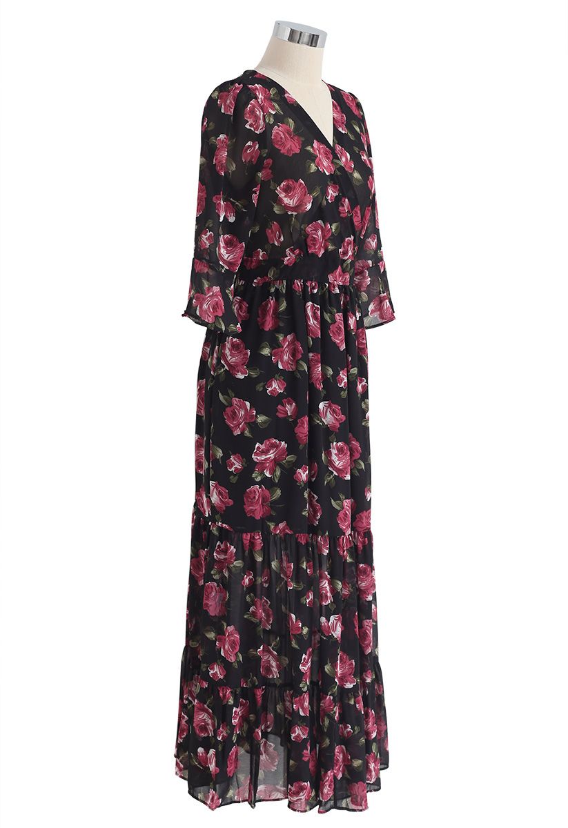 Stunning Rose Wrapped Ruffle Maxi Dress in Black