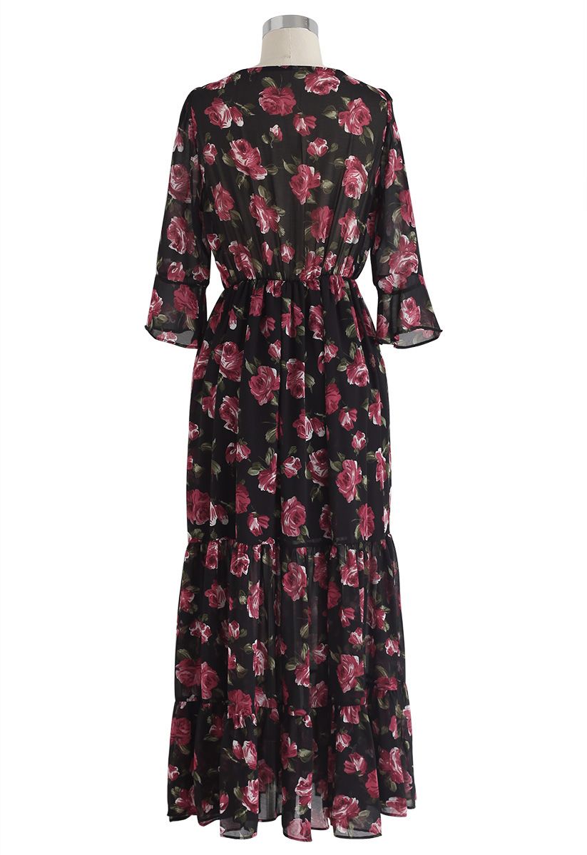 Stunning Rose Wrapped Ruffle Maxi Dress in Black - Retro, Indie and ...