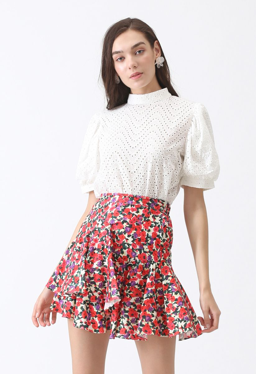 Zig Zag Eyelet Puff Sleeves Top - Retro, Indie and Unique Fashion