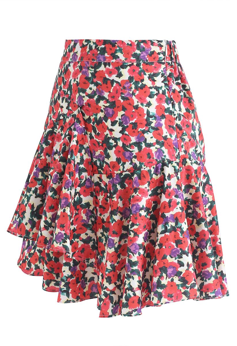 Floral Crush Asymmetric Ruffle Mini Skirt - Retro, Indie and Unique Fashion