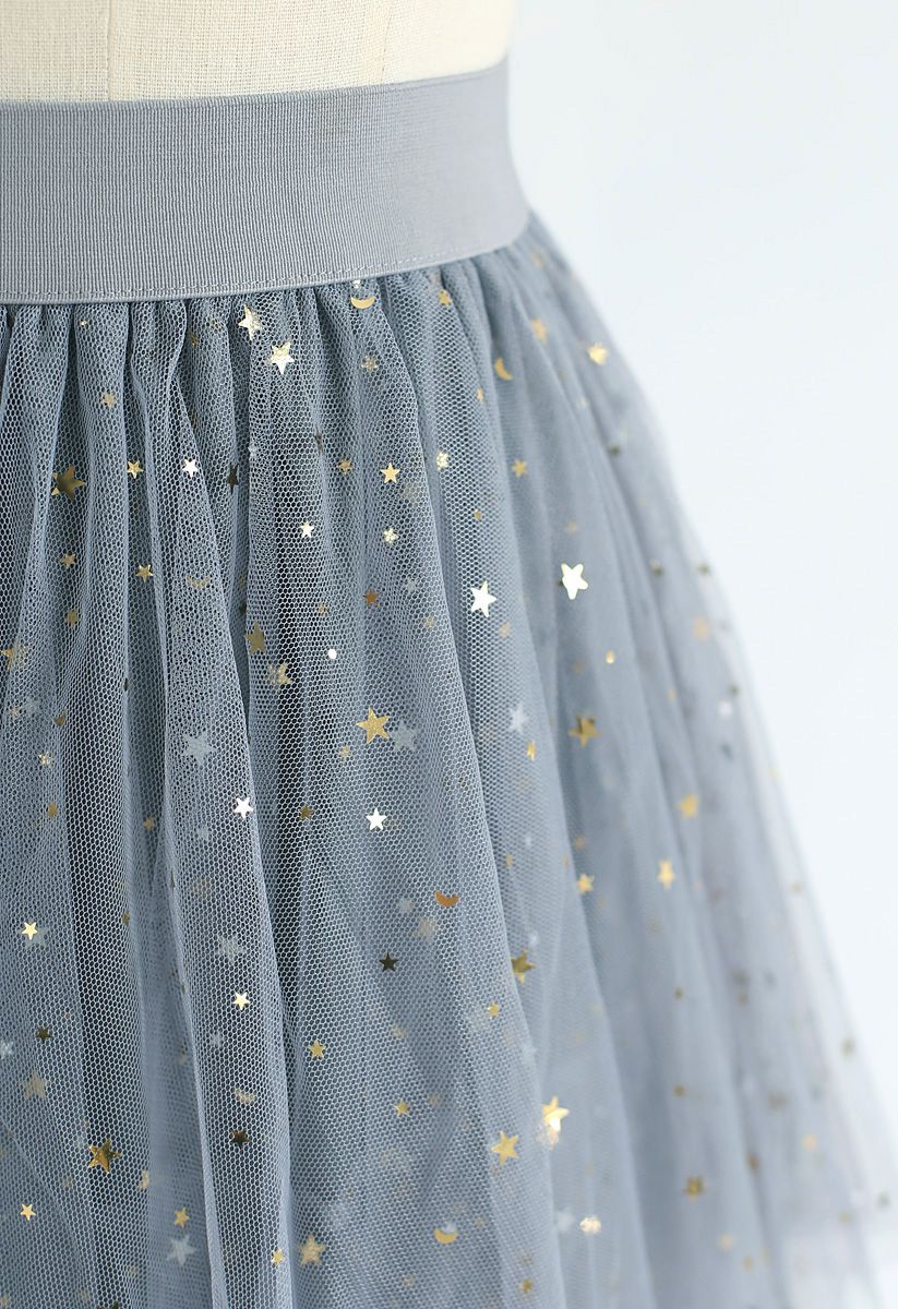 Shooting Stars Asymmetric Tiered Mesh Skirt in Blue